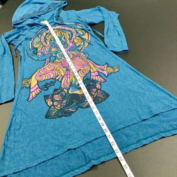 Vintage Gypsy Rose Womens Teal Blue Ganesh Print Long‎ Sleeve Hoodie Dress Small - Picture 6 of 12